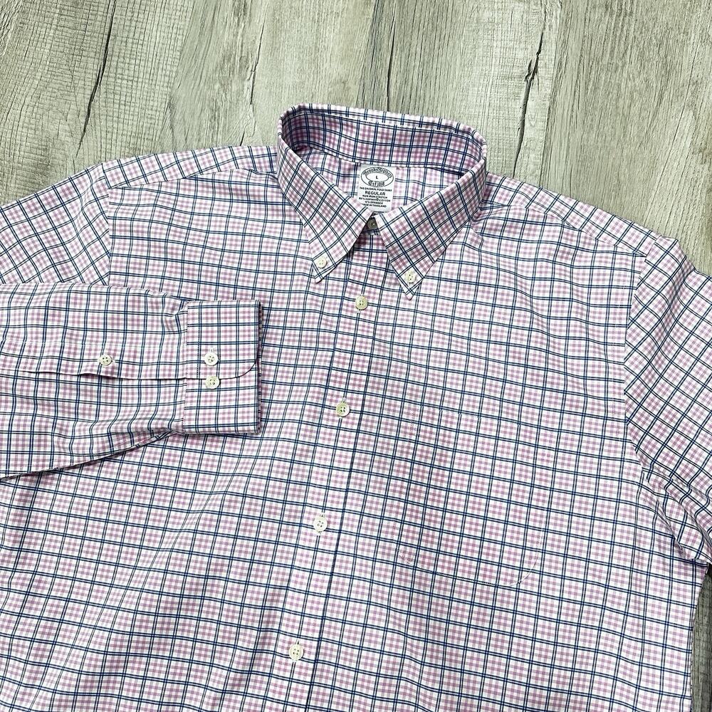 Brooks Brothers Shirt Large Pink Blue Plaid Regular Oxford Check Preppy Stretch